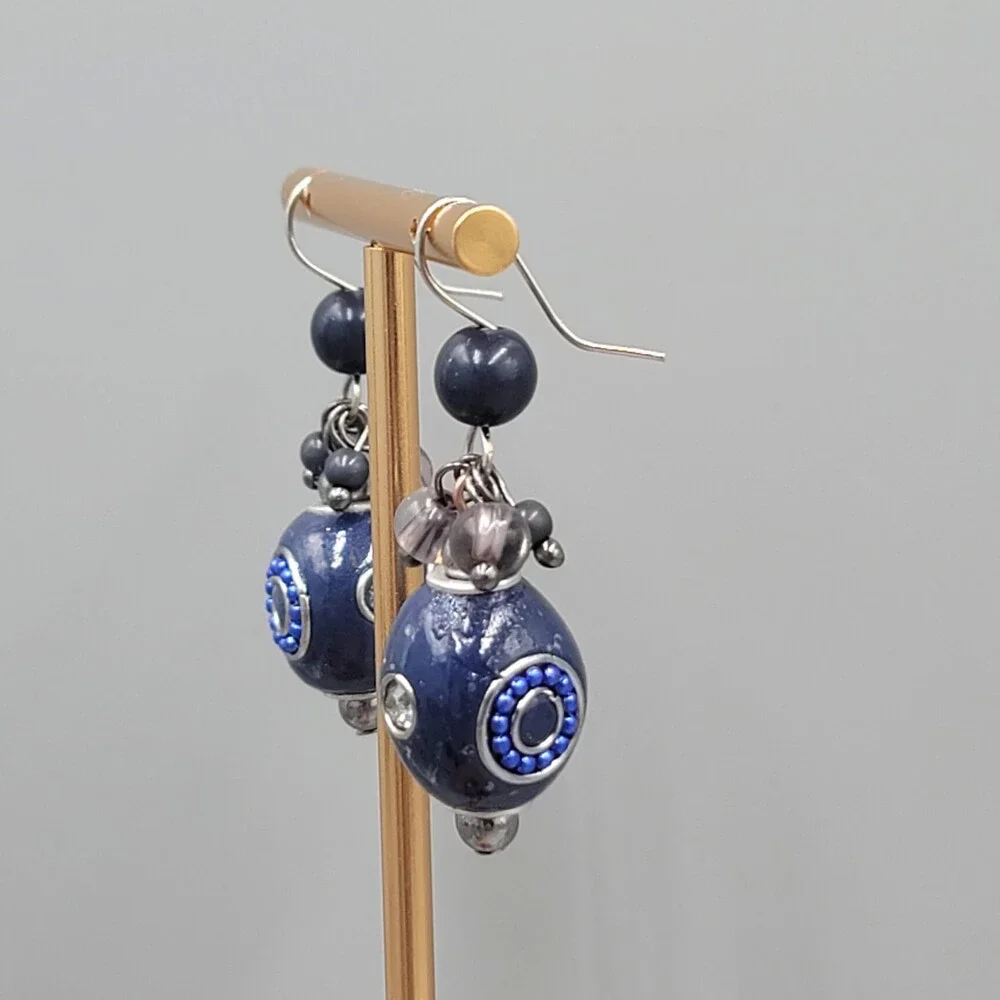 Blue Bead Pierced Earrings Crystal Silver tone Dangle 1.25 in - Picture 5 of 8